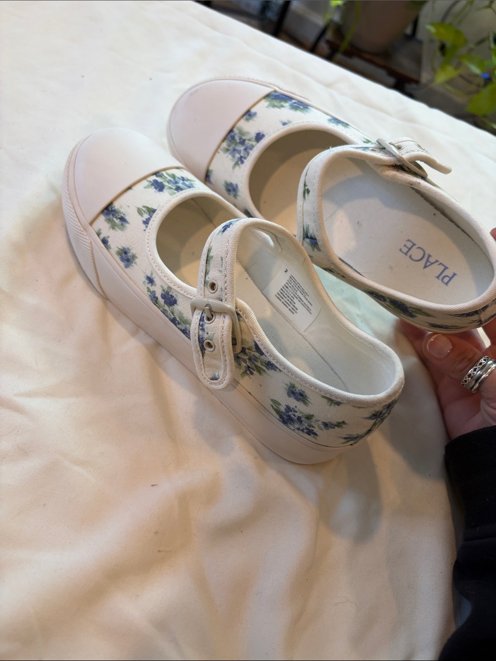 Place White Mary Jane Sneakers with Blue Floral Print kids size 2